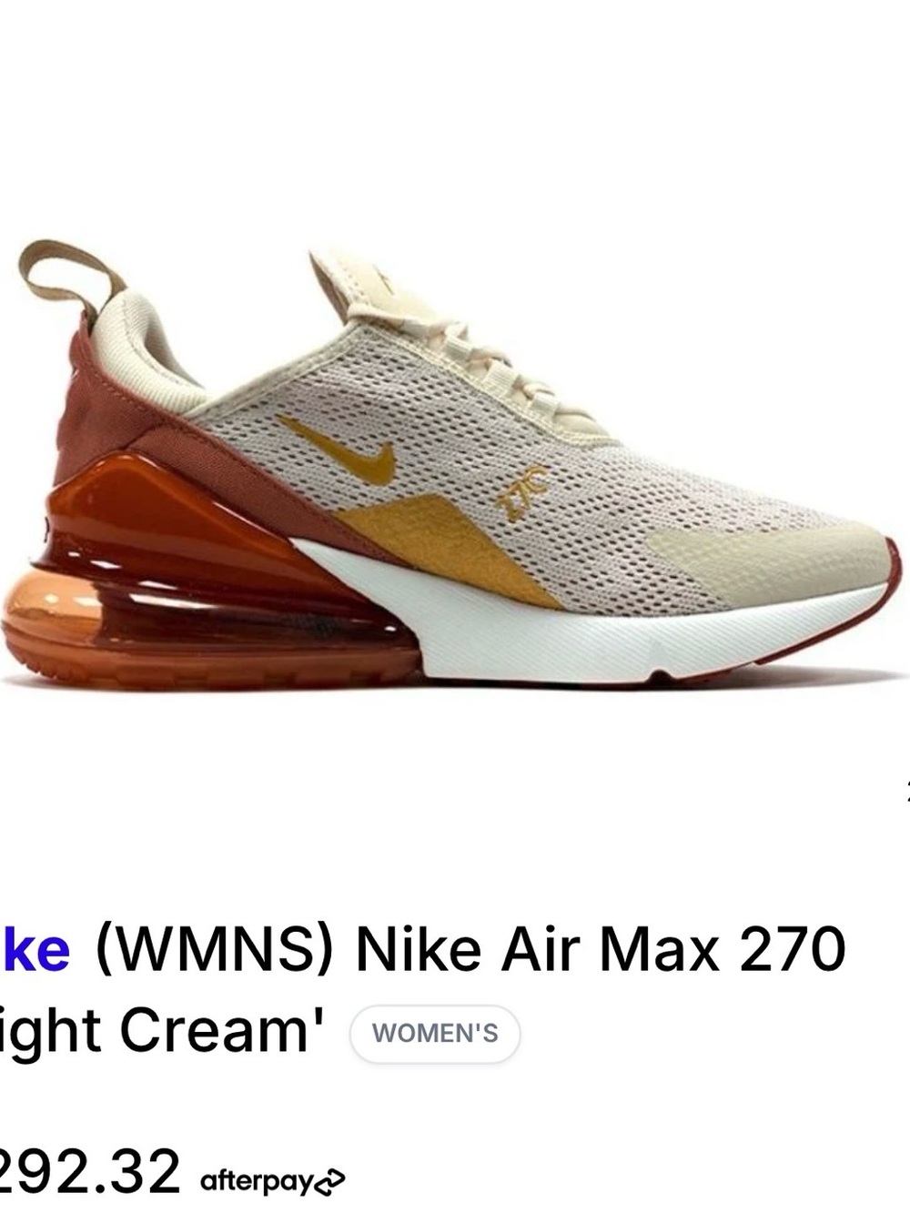 Nike Women's Air Max 270 Cream with Orange and Gold Accents
